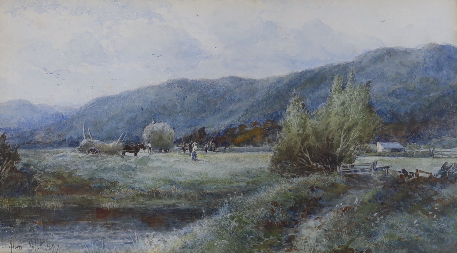 Albert Pollitt (1856-1926), watercolour, Harvesters viewed from across a river, signed and dated 1897, 24 x 44cm